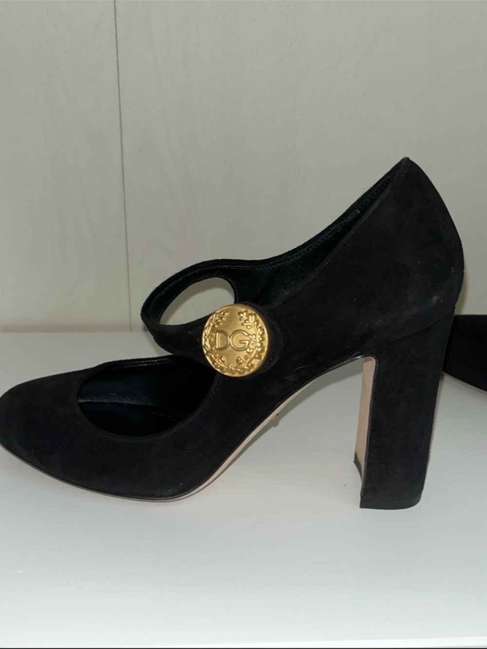 Dolce & Gabbana Black Suede Mary Jane Pumps with Gold Button 5.5 - Picture 15 of 16